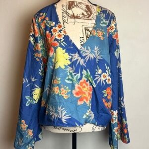 Blue Floral Wrap Style Top